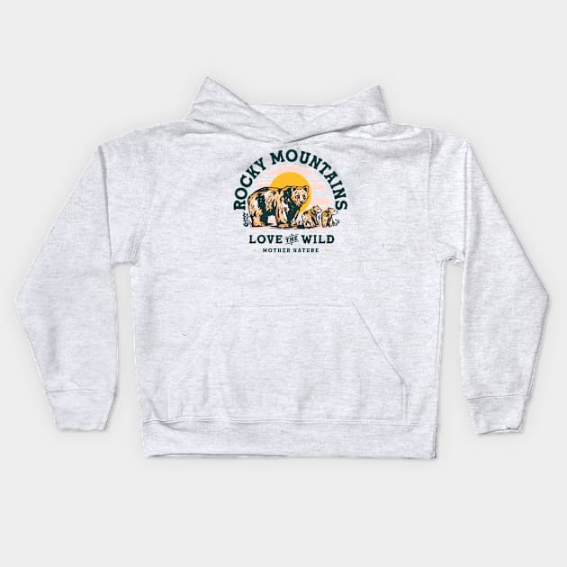 Rocky Mountains Travel Art Design Featuring A Grizzly Bear Kids Hoodie by The Whiskey Ginger